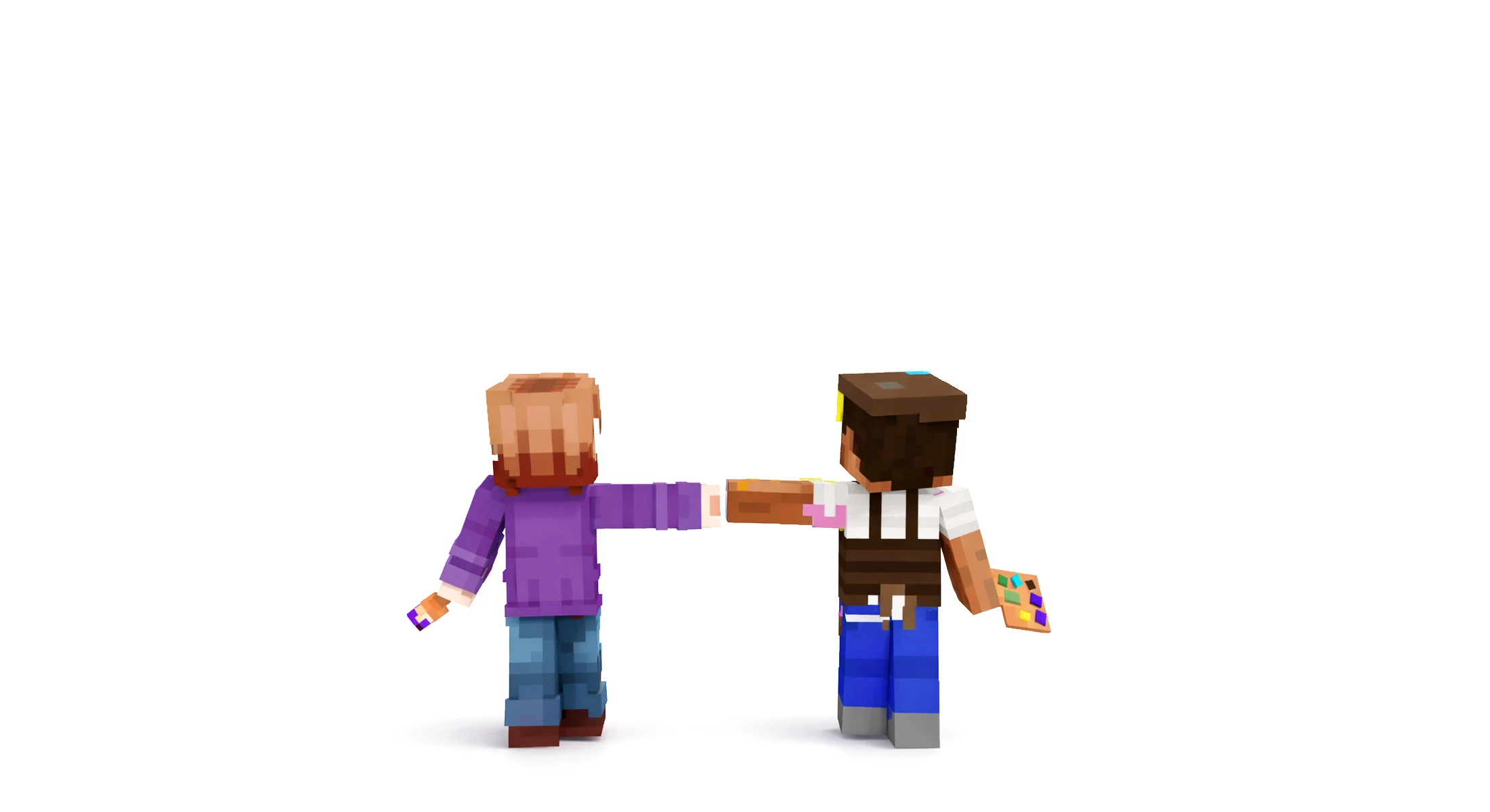 Two blocky 3D characters fist-bumping in front of framed pixel art